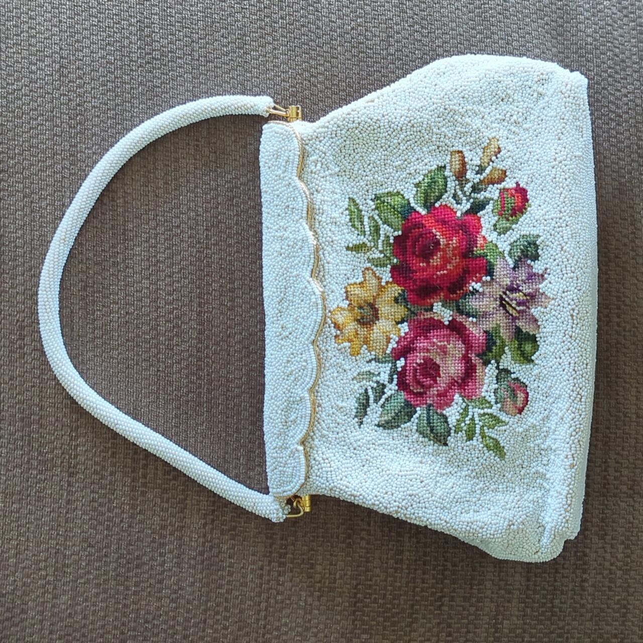 Vintage Mcm White Beaded Needlepoint Evening Bag